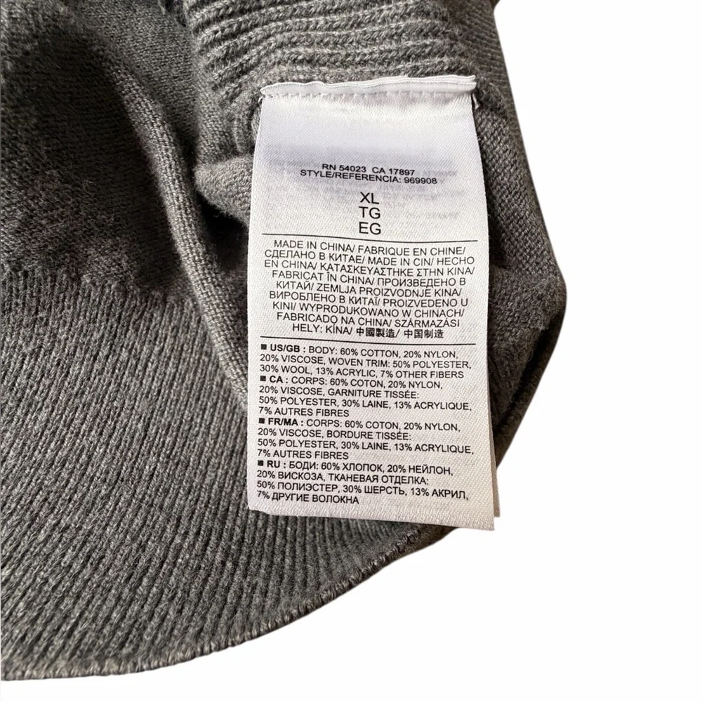 Banana Republic Gray Front Zip Sweater Wool Flannel Trim, size XL